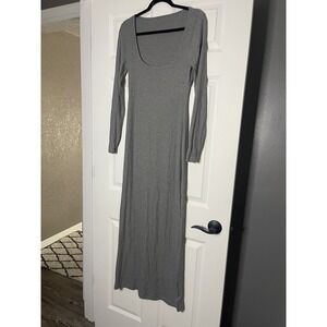 Pumiey Long Sleeve Square Neck Ribbed Maxi Dress Gray Xl